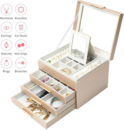 BOOVO Clear Lid Jewelry Box,4 Layers Jewelry Organizer Large Jewelry Storage Box with 3 Drawers,Jewelry Holder Organzier of Rings Earrings Necklace Bracelets for Women (Champagne, 4 Layer)