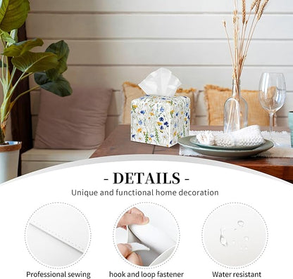 Tissue Box Cover Square, Watercolor Dandelion Cornflower Flower Leather Tissue Box Holder Decorative Organizer for Bathroom, Home Office Car Decor