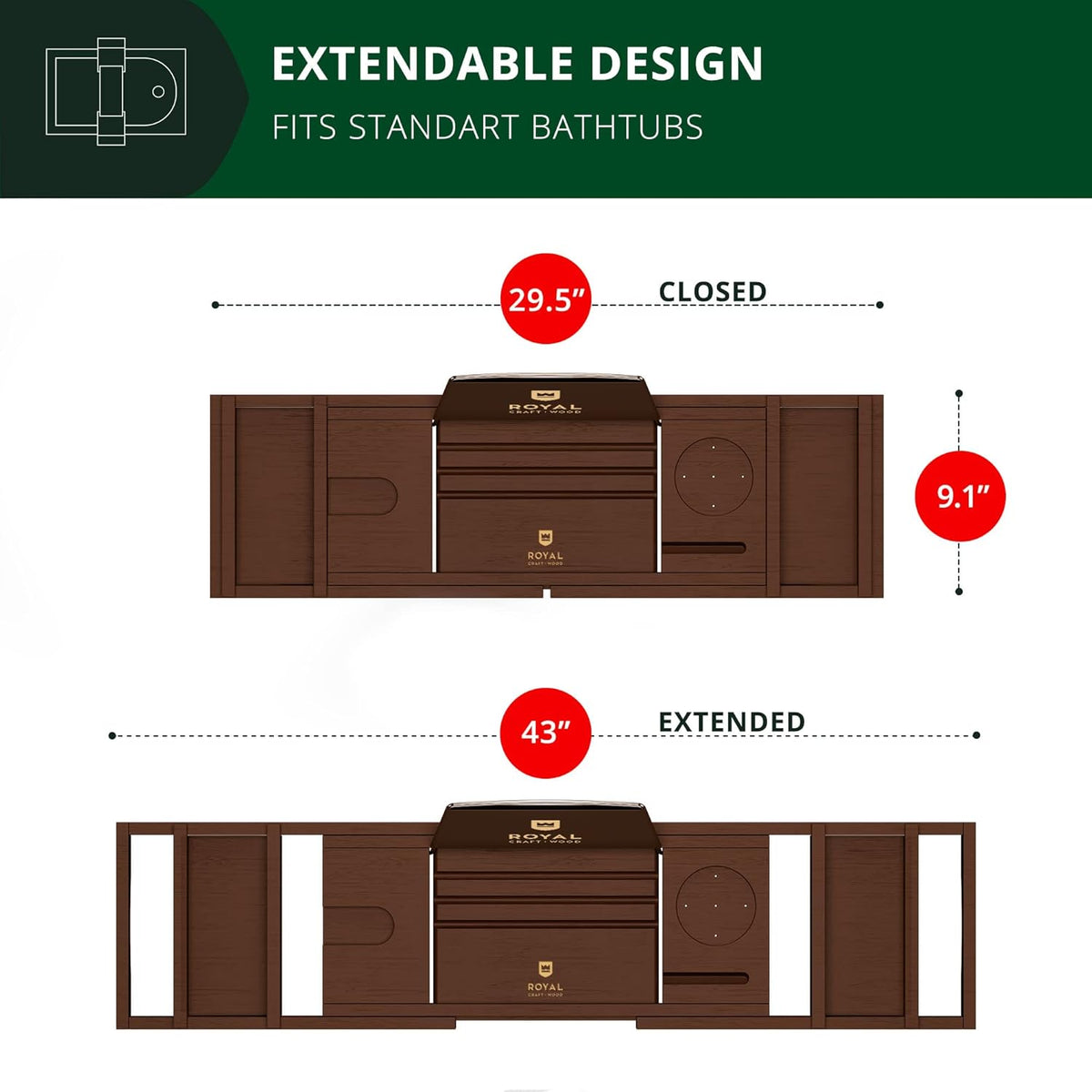 ROYAL CRAFT WOOD Non-Foldable Bathtub Tray - Wood Bath Tray for Tub, Bamboo Bathtub Shelf, Expandable Bath Table Trays, Luxury Bathroom Accessories for New Home & Unique Gift for Women