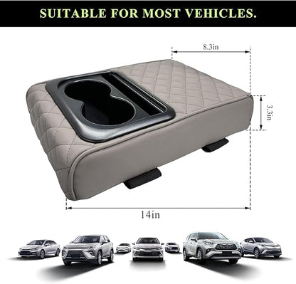 Car Center Console Armrest Pillow, Leather Auto Arm Rest Cover Protector with Cup Holder and Phone Holder, Memory Foam Armrest Cushion for Most Vehicles (Gray, Diamond Pattern)