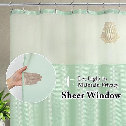 Gibelle Waffle Weave Shower Curtain with Mesh Top Window and Hooks Set, Spa Like Hotel Style Fabric Shower Curtain for Bathroom, Mint Green, 72x72