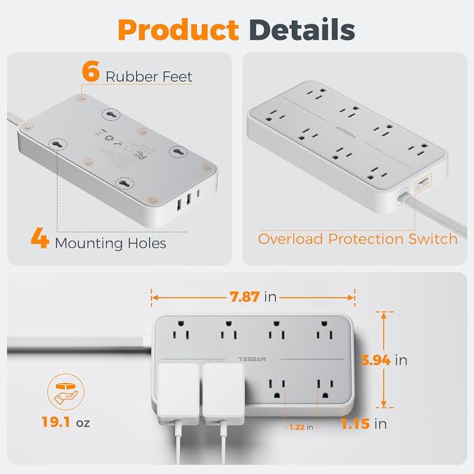 TESSAN Flat Plug Extension Cord 6 FT, Surge Protector Power Strip