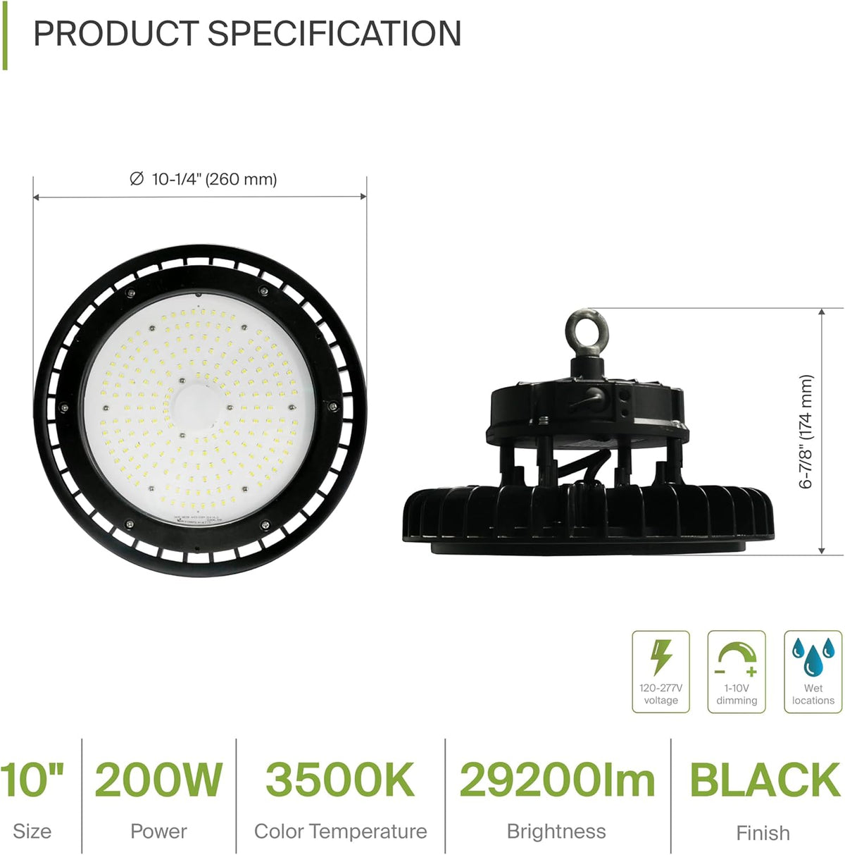 ASD LED High Bay UFO Light Fixture, Commercial Shop Lighting | Dimmable, IP69K Waterproof, DLC Premium, UL Listed | 200W 29000LM 3500K 100-277V | Warehouse, Garage, Workshop, Barn Lamp | Black, 6 Pack