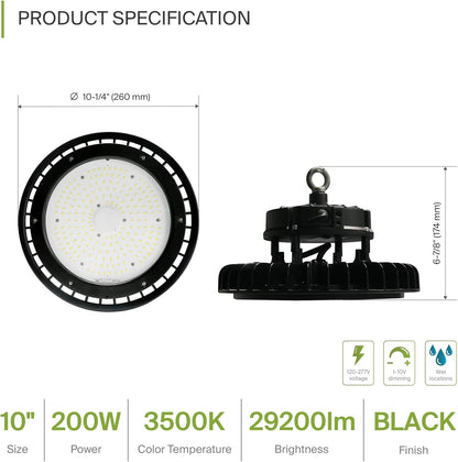 ASD LED High Bay UFO Light Fixture, Commercial Shop Lighting | Dimmable, IP69K Waterproof, DLC Premium, UL Listed | 200W 29000LM 3500K 100-277V | Warehouse, Garage, Workshop, Barn Lamp | Black, 6 Pack