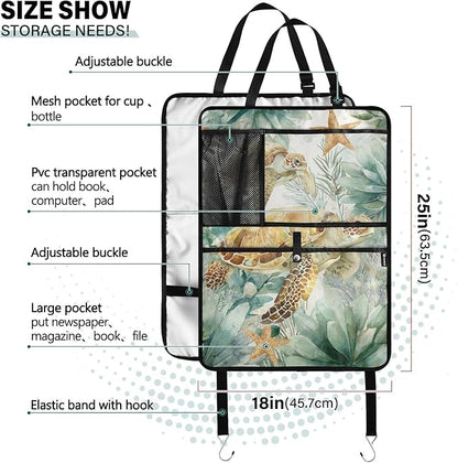 1 Pack Back Seat Car Organizer with Storage Pockets Kick Mats Back Seat Protector Hanging Car Organizer Automotive Seat Back Cover Organizers Sea Turtle Starfish Plants