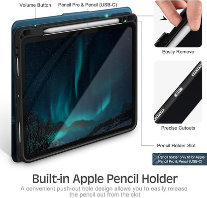 KingBlanc Case for iPad Pro 13-inch (M5 2025, M4 2024) with Built Pencil Holder, PU Leather Smart Stand Cover, Auto Sleep/Wake, Supports Pencil Pro/Pencil (USB-C), Multi-Viewing/Drawing Angles, Blue