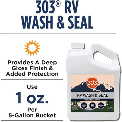 303 Products RV Wash & Seal - Clean, Streak-Free Finish, pH Neutral with High Foaming Formula, Provides A Deep Gloss Finish on RVs, Campers, Pop-ups, and Motorhomes, 1 Gallon (30240)