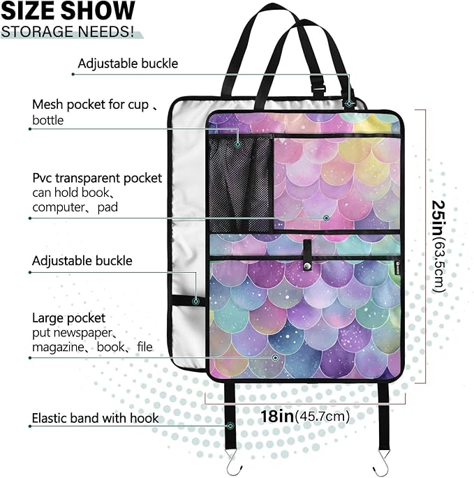 1 Pack Back Seat Car Organizer with Storage Pockets Kick Mats Back Seat Protector Hanging Car Organizer Automotive Seat Back Cover Organizers Watercolor Mermaid Scales Colors