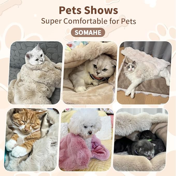 SOMAHE Self-Warming Cat Blanket for Indoor Cats & Small Dogs, Dual-Side Sherpa Plush Throw, Anti-Static Shared Couch Mat for Crate & Travel, Machine Washable No Shrink, 28x22 Inch Coffee