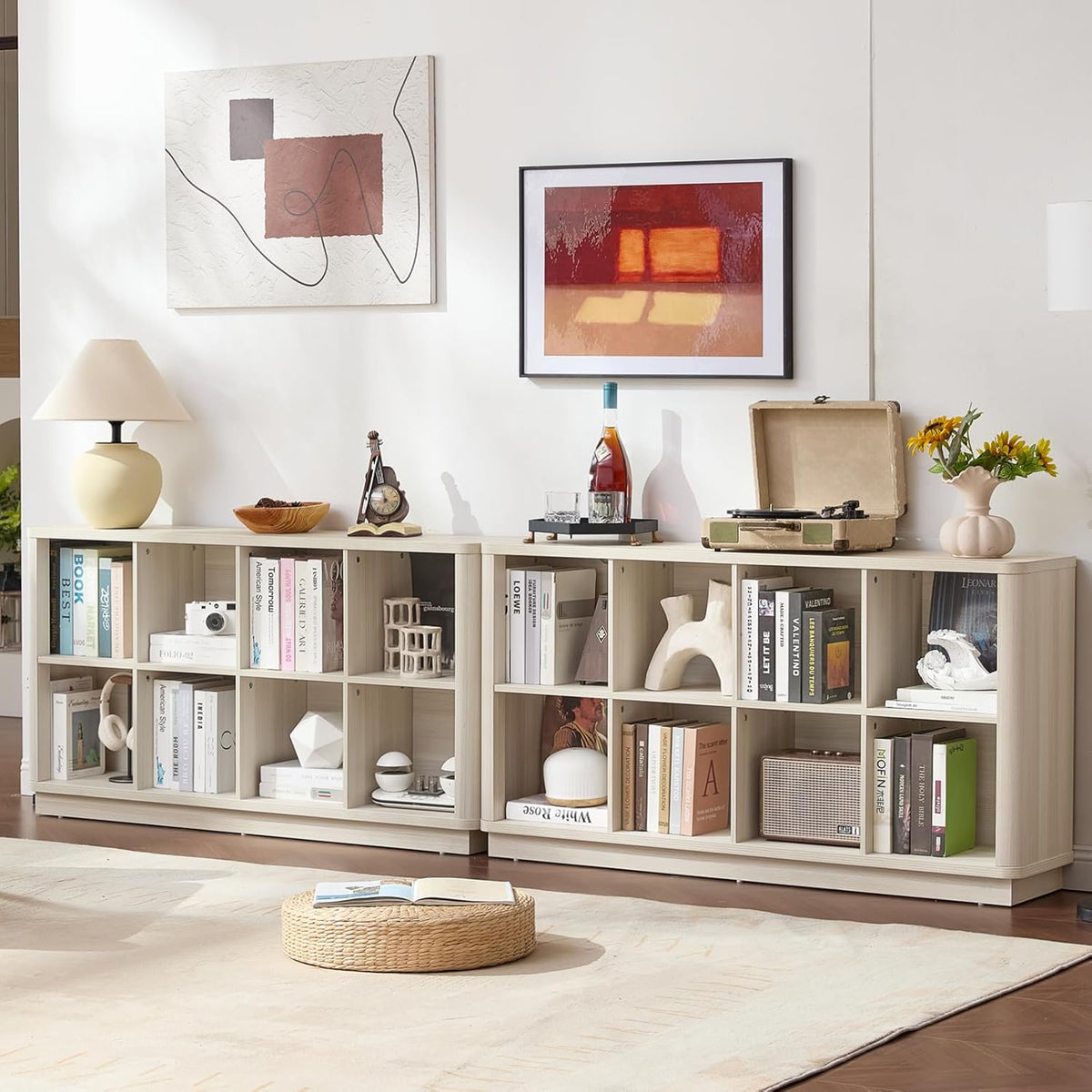 8 Cube Storage Bookcase, 52" Long Horizontal Book Shelf w/Curved Edge, Wooden Floor Standing 2-Tier Cubby Console Bookshelf with Base, Modern Low TV Stand for Living Room, White Cream Oak