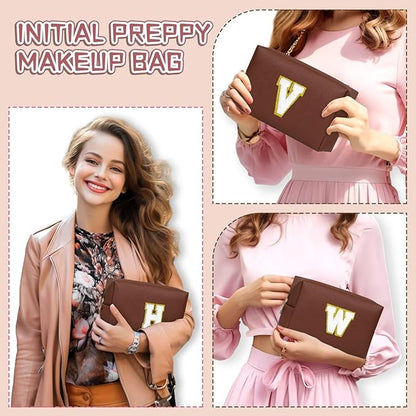 TOPEAST Preppy Bag, Monogrammed Makeup Bags with Zipper, Cute Makeup Pouch, Initial Birthday Gifts Bag for Daughter Friends Sister, Preppy Things for Girls (Brown H)