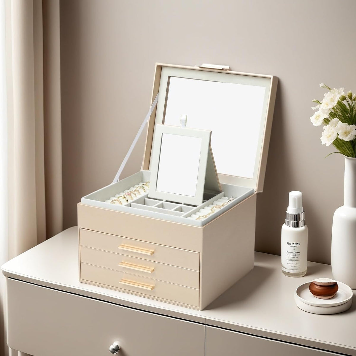 BOOVO Clear Lid Jewelry Box,4 Layers Jewelry Organizer Large Jewelry Storage Box with 3 Drawers,Jewelry Holder Organzier of Rings Earrings Necklace Bracelets for Women (Champagne, 4 Layer)