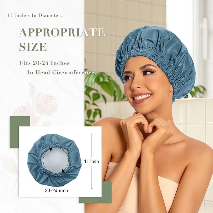 Reusable Shower Cap for Women, Large Waterproof Shower Essentials Bonnet Washable Elastic Band Bath Hair Wrap Hat for Long Hair, Braids(Haze Blue)