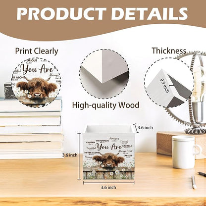 DILSJ Christian Highland Cow 1 Compartment Pen Pencil Holder for Desk,Christian Gifts, Bible Verse Highland Cow Inspirational Wooden Box Signs Organizer for Home Office Desk Tabletop Decoration