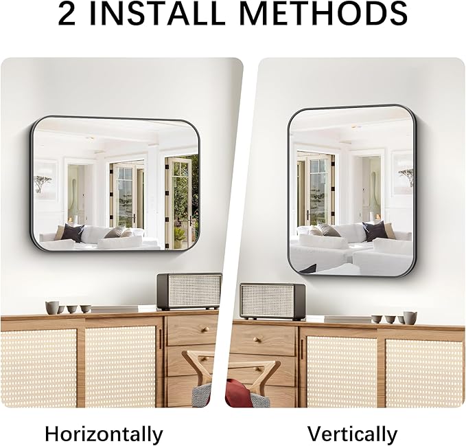 Bathroom Mirror, 30 x 24 inch Metal Framed Black Rectangle Mirror, Rounded