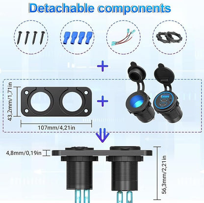 Upgraded 78W 3 Port 12V 24V USB Outlet Cigarette Lighter Socket Panel, Dual 30W PD and QC3.0 Multi Port Cylinder Charger with Button Switch and 150W Lighted Socket 2 in 1 DIY Kit for Car Boat RV, etc.