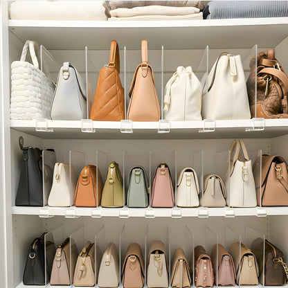Purse Organizer for Closet Shelf Dividers: 16-Pack Adjustable Clear Acrylic Bag Storage Organizer for Handbags, Sweaters, Towels, Jeans and Shoes on Wood Shelves