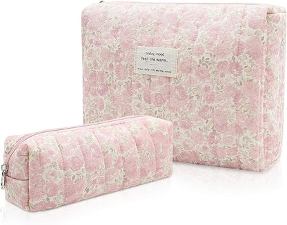 Gosect 2PC Makeup Bag Set, Cute Cosmetic Bag for Women Girls, Floral Coquette Aesthetic Toiletry Bag, Travel Make Up Organizer Bag (Pink Rose)