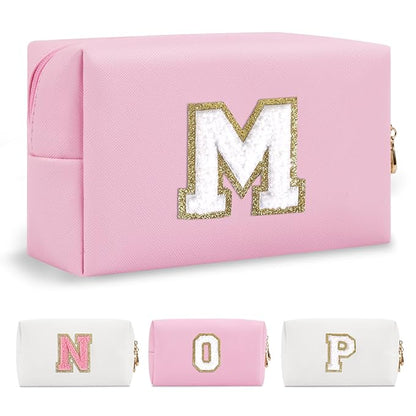 Personalized Initial A-Z Preppy Patch Makeup Bag,Small PU Chenille Letter Cosmetic Bag with Zipper for Teen Girls,Pink Cute Toiletry Organizer Bag,Monogram Makeup Case Gift for Women Girls,Letter M