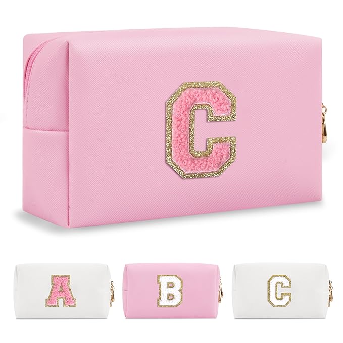Personalized Initial A-Z Preppy Patch Makeup Bag,Small PU Leather Chenille Letter Cosmetic Bag with Zipper for Teen Girls,Pink Cute Travel Toiletry Bag,Birthday Monogrammed Gift for Daughter,Letter C