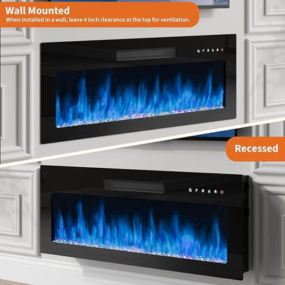 36" Electric Fireplace Insert, Wall Mounted & Recessed Heater, Slim