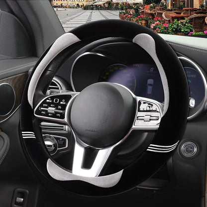 Furry Cute Steering Wheel Cover, Soft Fluffy Short Plush Auto Accessories, Non-Slip Cold-Proof Sweat-Proof Colorfast, Universal 15 inch(Black with Gray)