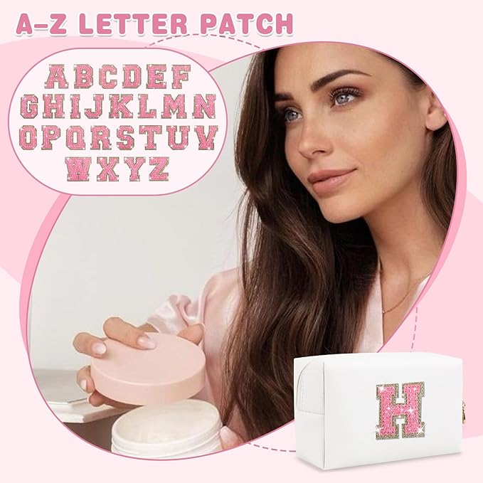 Small Initial Patch Makeup Bag Personalized Gifts Make Up Bag,White Cute PU Leather Glitter Letter Cosmetic Bag with Zipper,Trendy Portable Travel Toiletry Pouch,Preppy Stuff for Teen Girls Women H