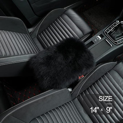 LLB Auto Center Console Cover Pad Universal Fit for SUV/Truck/Car, Genuine Sheepskin Wool Fur Car Armrest Seat Box Cover, Furry Fluffy Auto Armrest Cover Protector (Black)