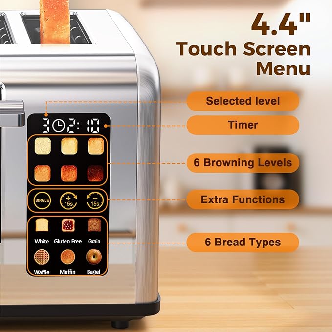 4 Slice Touch Screen Toaster, Easy-to-Use Digital Stainless Steel Toaster