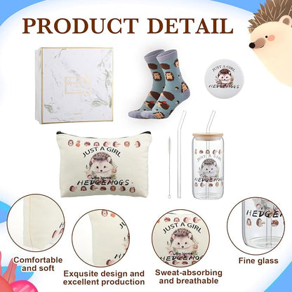 Kacctyen 5 Pcs Christmas Hedgehog Gift for Women Hedgehog Accessories 16oz Glass Cup Tumbler with Lid Straw Makeup Cosmetic Bag Pocket Mirror Sock for Daughter Sister Bestie Birthday Animal Lover Gift