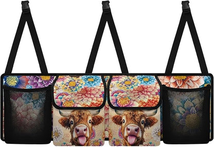 Highland Cow Print Car Trunk Organizer Hanging Car Organizer Back Seat, Hippie Flower Oxford Cloth Seat Back Storage Bag, Will Provide More Space for SUV, Trucks, Van, Sedan
