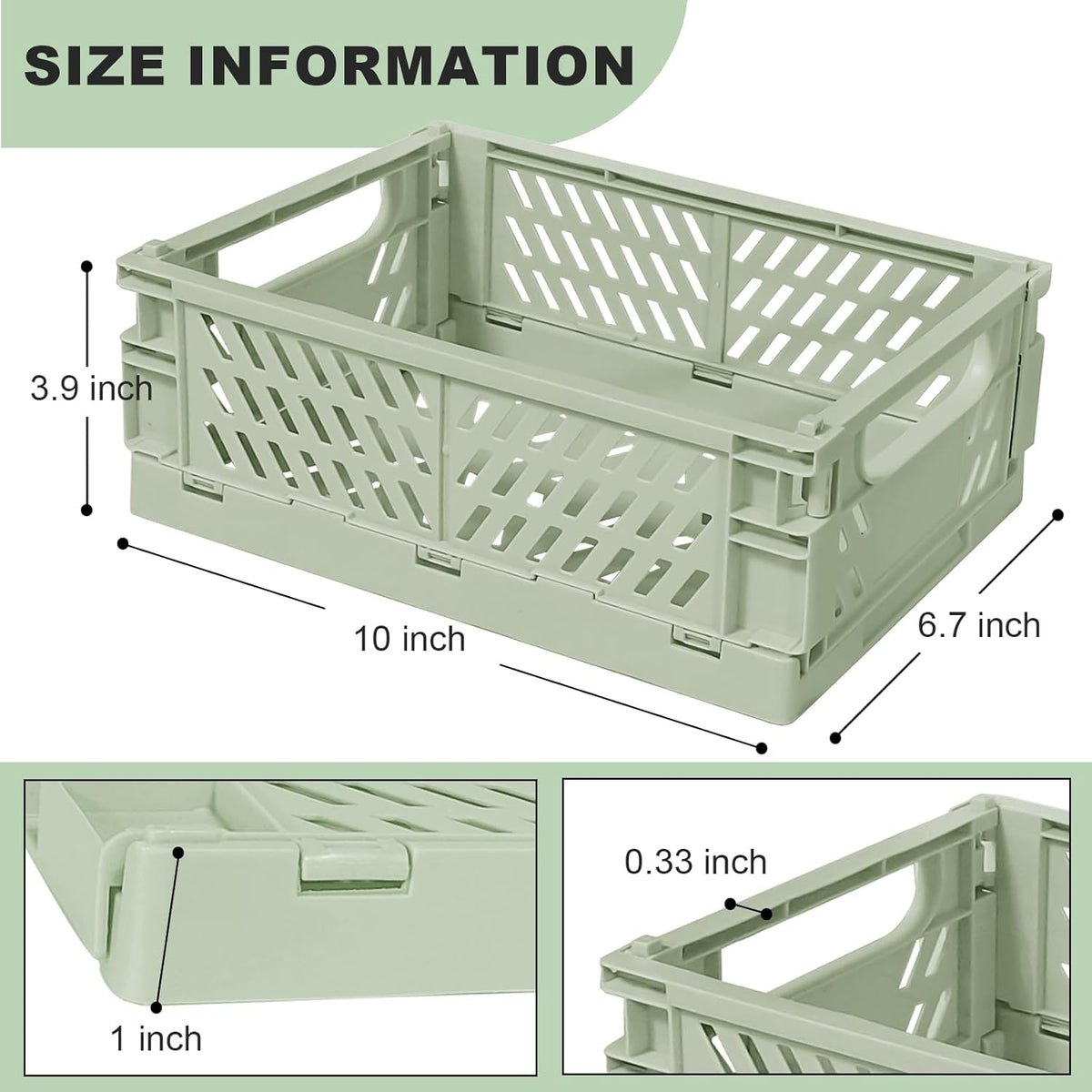 Small Pastel Plastic Storage Bins 2Pcs Foldable Pastel Crates Plastic Basket Colorful Storage Containers Baskets for Classroom Kitchen Office Bedroom Desktop Home Decor (Green 9.8" x 6.5" x 3.8")