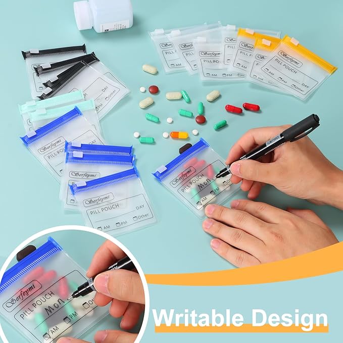 Serfeymi 48 Pcs Pill Pouch Bags for Travel Reusable Plastic Bags 3x3 Inch 12 mil (Double Sided) Translucent Zippered Pill Pouches for Medicine with Slide Lock & Writable Label, 1 Pc Marker-Black+White