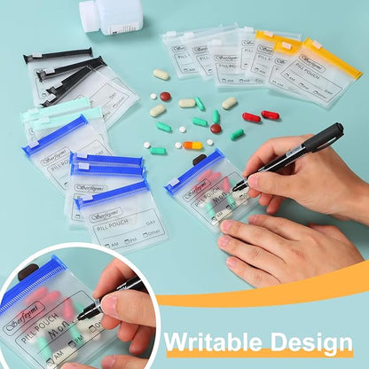 Serfeymi 48 Pcs Pill Pouch Bags for Travel Reusable Plastic Bags 3x3 Inch 12 mil (Double Sided) Translucent Zippered Pill Pouches for Medicine with Slide Lock & Writable Label, 1 Pc Marker-Black+White