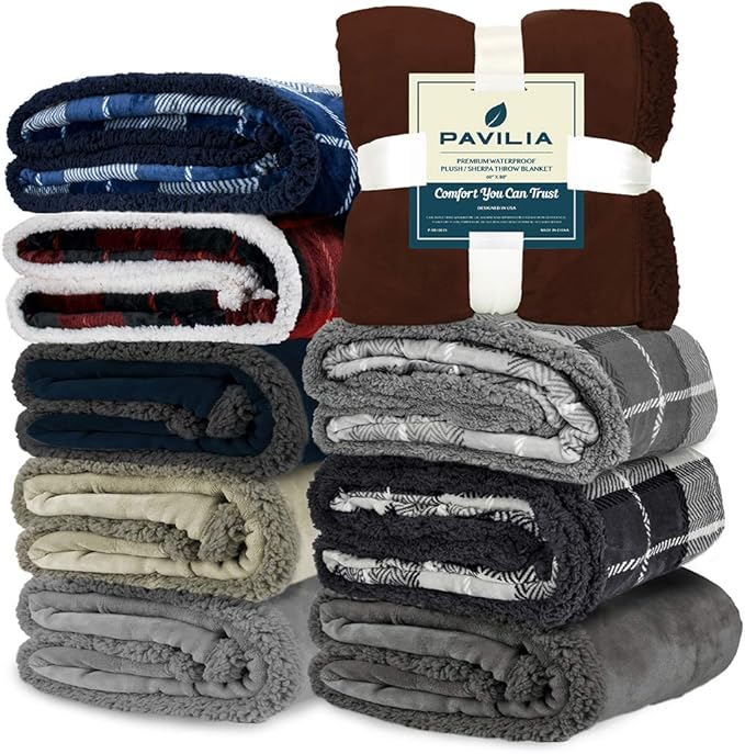 PAVILIA Waterproof Blanket for Couch, Sofa | Waterproof Dog Blanket for Large Dog, Puppy, Cat | Pet Blanket Protector | Plush Soft Warm Fuzzy Sherpa Blanket Bed Throw, Plaid Grey, 60x80