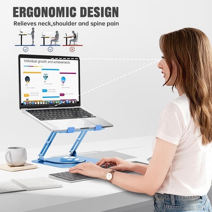 Laptop Stand for Desk, Adjustable Computer Stand with 360° Rotating Base, Ergonomic Laptop Riser for Collaborative Work, Foldable & Portable Laptop Stand, fits for All 10-16" Laptops (Blue)