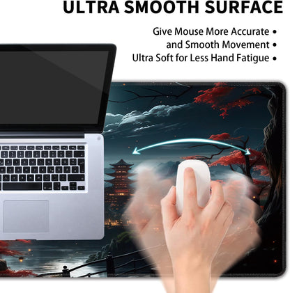 Japanese Full Moon Large Mouse Pad,Gaming Keyboard Desk Pad,Extended Mouse Mat Non-Slip Rubber Base with Stitched Edges for Office Game Home XXL 35.4"x15.7"