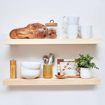 Homeforia 30 inch Natural Floating Shelf, High End Solid Real Wood 30inch Small Floating Shelves for Wall Mounted, Natural Wooden Floating Shelves, Heavy Duty Bracket, 30 X 6.5 X 1.75 in, Set of 2