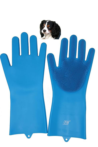 Tesmarks Pet Grooming Gloves - Hair Removal, Massage, and Bathing Shampoo Gloves in Blue