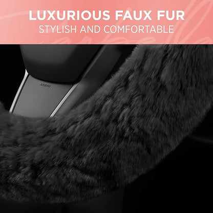 Carbella Aspen Black Fuzzy Steering Wheel Cover for Women ‚Äì Cute and Stylish Fluffy Fur Steering Wheel Cover for Cars Trucks Vans SUVs, Universal Fit for Wheel Sizes 14.5 to 15.5 inches