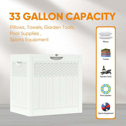 ZYJOYY 33 Gallon Resin Deck Box, Weatherproof Outdoor Storage Box for Patio, Garden and Yard, Lockable Waterproof Bin for Tools, Cushions, and Accessories, White