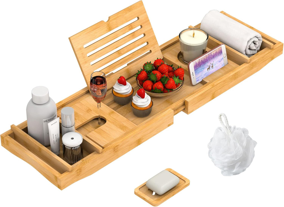 Bamboo Bathtub Tray for Luxury Bathroom, Expandable Premium Bath Tray w/Soap Towel Book Holder, Adjustable Bath Accessories for Tub,Extendable Tub Tray w/Wine Glass Cup Organizer 29.5"-43.3" Nature
