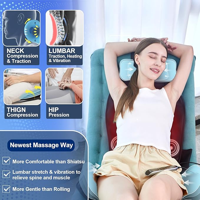 Back Massager with Heat & Traction & Vibration, Seat Massager Pad