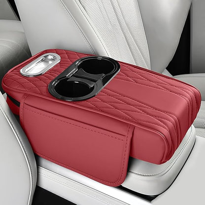 wuyaoyao Car Center Console Armrest Pillow, 13.78"×7.48"×2.56" Leather Arm Rest Cover for Cars, Memory Foam Auto Armrest Cushion Pad with Pocket, Cup Holder & Tissue Box, Car Accessories (Wine Red)