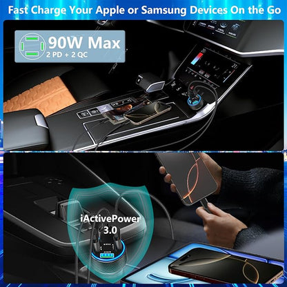 USB C Car Charger, KYOHAYA 2Pack 90W 4-Port Dual USB-C & USB-A Car Power Cigarette Lighter PD/QC3.0 Type C Car Carplay Charger Fast Charging for iPhone 17 17 Pro 16 15 14 13 12 11/Galaxy S26 S25/Pixel
