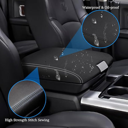 for RAM 1500 2500 3500 4500 5500 2009-2018 Center Console Cover Anti-Scratch Waterproof Leather Armrest Pad Protector Cushion Car Interior Accessories(Black Leather with White Stitches)