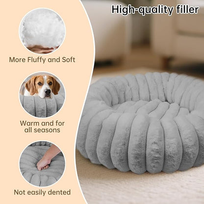 Vhen When Donut Dog and Cat Bed, Luxurious Comfortable Faux Rabbit Fur Pet Beds, Round Anti-Anxiety Calming Puppy Kitten Bed with Anti-Slip Bottom for Small Medium Dogs & Cats(28", Grey)