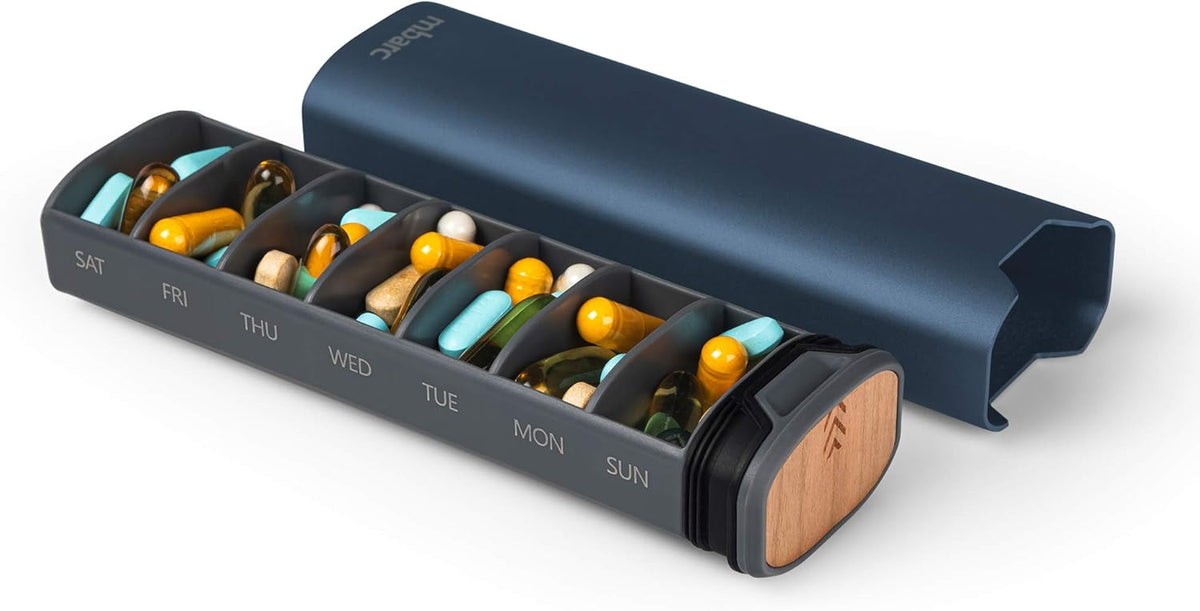 7 Day Weekly Pill Organizer by mbarc - Premium Stylish Aluminum and Wood Large Capacity Pill Box for Supplements, Pills, Vitamins and Medicine.