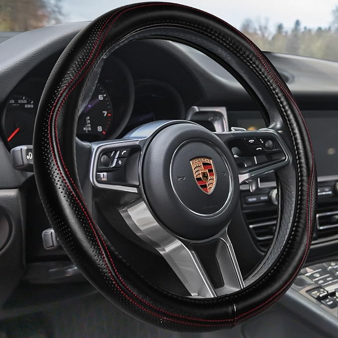 HAOKAY Top Grade Black Genuine Leather Steering Wheel Cover Women Men, Luxury Steering Wheel Cover for Cars, SUVS and Trucks, Universal 14.5-15 inch