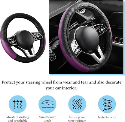 Car Steering Wheel Cover, 15 Inch Anti-Slip Stretch Leather Steering Wheel Protector, Comfortable Breathable Sporty Steering Wheel Cover for Women Men, Car Accessories (Black & Purple, AD)